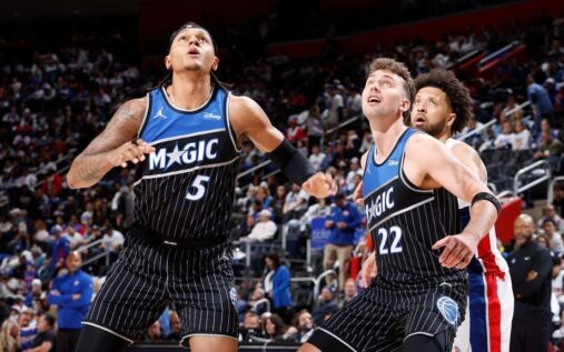 Paolo Banchero of the Orlando Magic handling the basketball during an NBA game