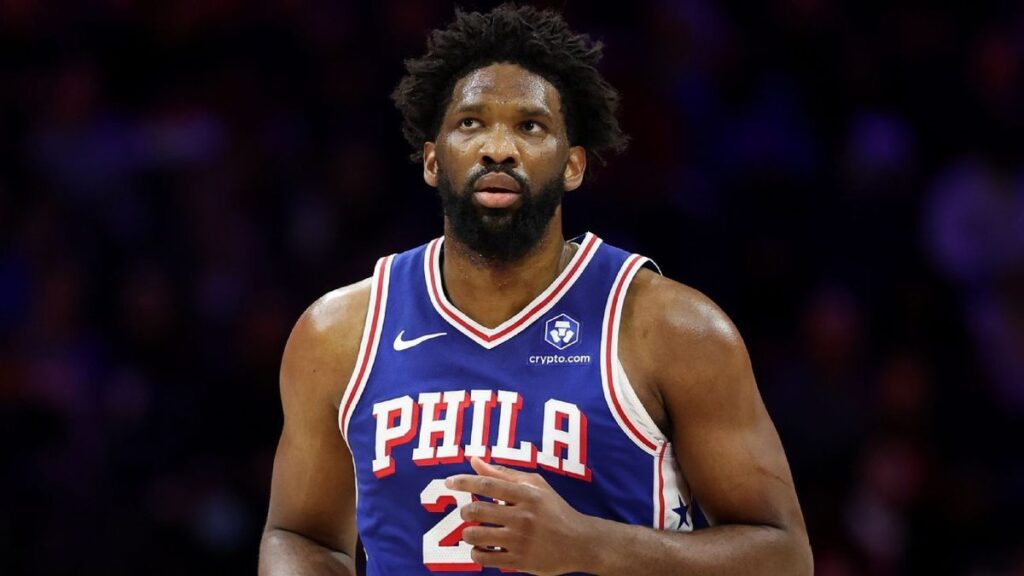 Philadelphia 76ers centre Joel Embiid looking on during an NBA basketball match