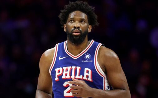 Philadelphia 76ers star Joel Embiid looking visibly frustrated on the basketball court