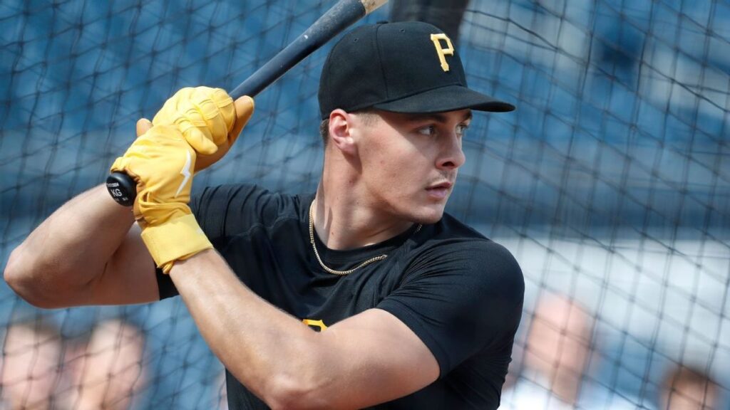 Konnor Griffin holding a baseball bat in a Pittsburgh Pirates uniform