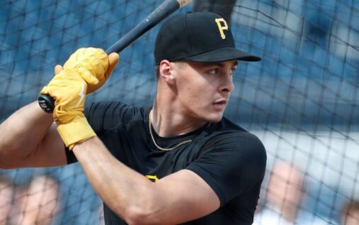 Konnor Griffin holding a baseball bat in a Pittsburgh Pirates uniform