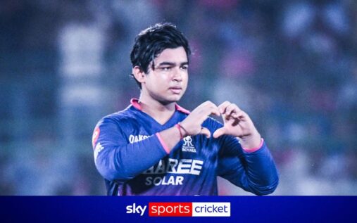Fifteen-year-old Vaibhav Sooryavanshi raising his bat to celebrate an IPL century for the Rajasthan Royals