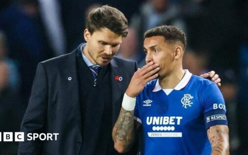 Rangers captain James Tavernier applauding the fans on the pitch