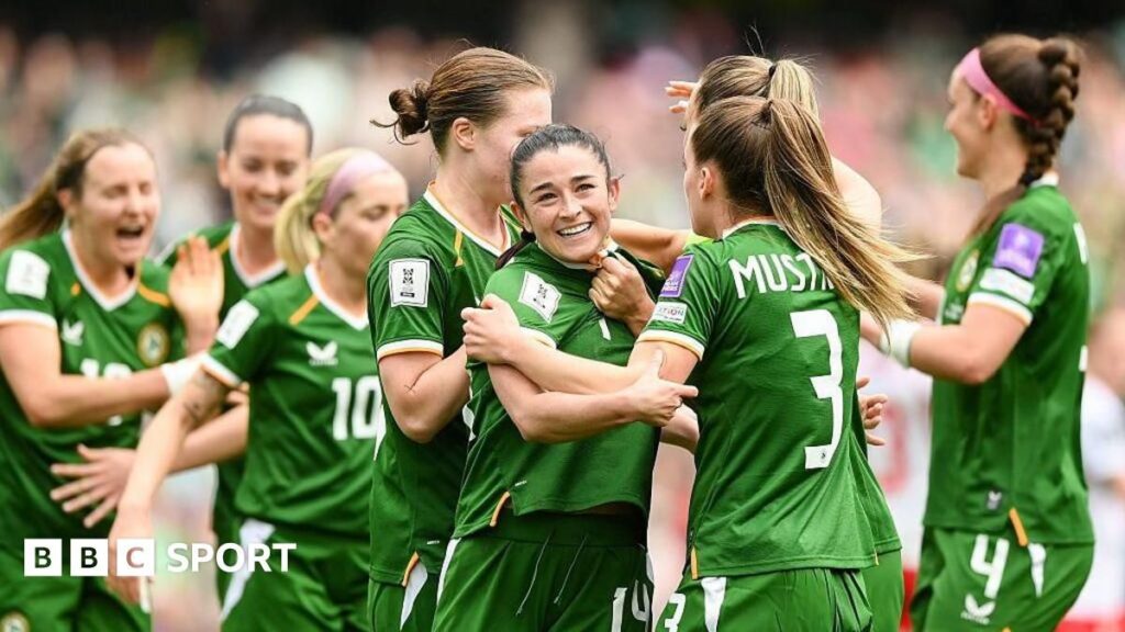 Marissa Sheva celebrates scoring the winning goal for the Republic of Ireland against Poland at the Aviva Stadium.