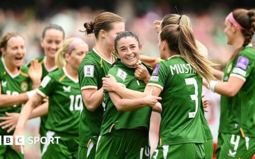 Marissa Sheva celebrates scoring the winning goal for the Republic of Ireland against Poland at the Aviva Stadium.