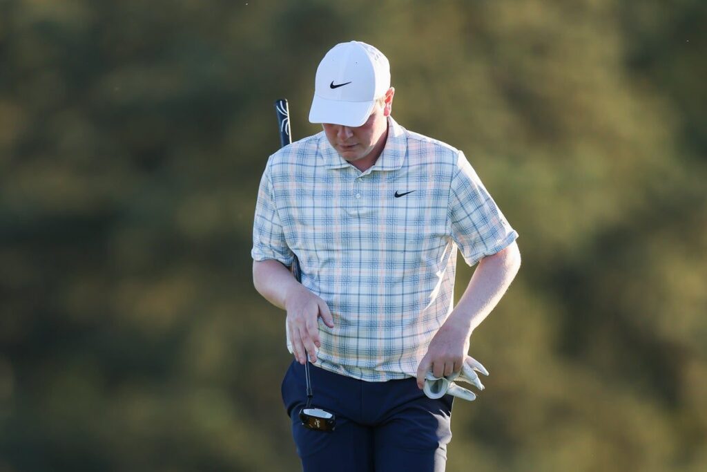 Robert MacIntyre looking frustrated on the golf course during the opening round of the Masters at Augusta National