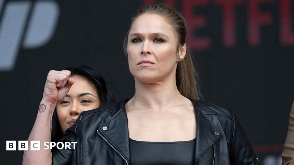 Ronda Rousey speaking at a press conference ahead of her MMA return against Gina Carano