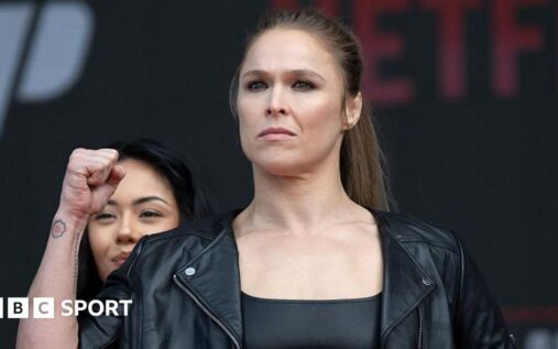 Ronda Rousey speaking at a press conference ahead of her MMA return against Gina Carano