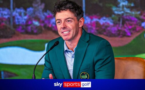 Rory McIlroy playing a golf shot from the rough during the 2026 Masters at Augusta National