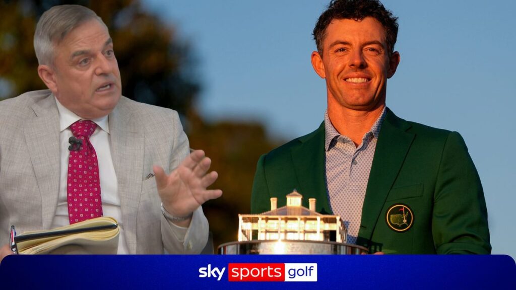 Rory McIlroy playing a golf shot during The Masters tournament at Augusta National