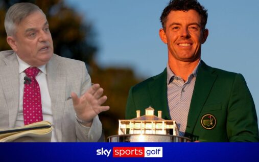 Rory McIlroy playing a golf shot during The Masters tournament at Augusta National