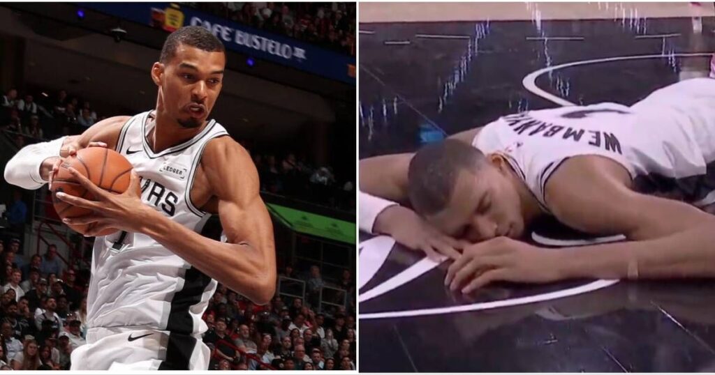 San Antonio Spurs center Victor Wembanyama looking visibly distressed on the basketball court
