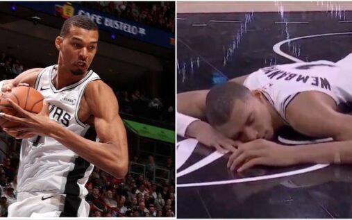 San Antonio Spurs center Victor Wembanyama looking visibly distressed on the basketball court