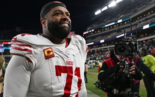 San Francisco 49ers left tackle Trent Williams preparing to block a defender during an NFL game