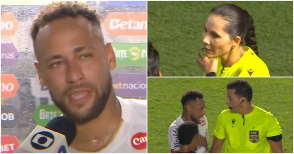 Neymar wearing a Santos football shirt looking frustrated on the pitch