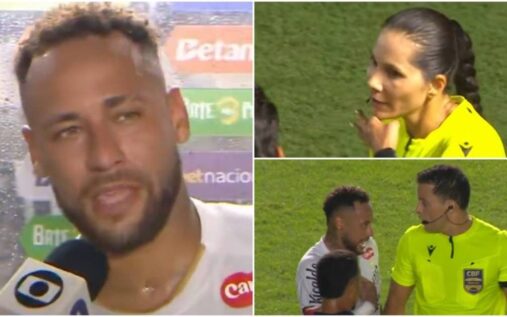Neymar wearing a Santos football shirt looking frustrated on the pitch