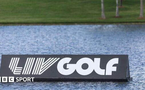 LIV Golf logo displayed during a professional tournament amid news of Saudi Arabia withdrawing financial support