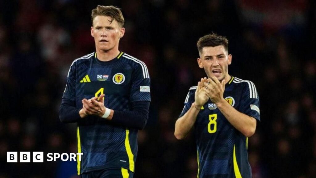 Scotland midfielders Scott McTominay and Billy Gilmour standing together on the pitch in their dark blue national team kits