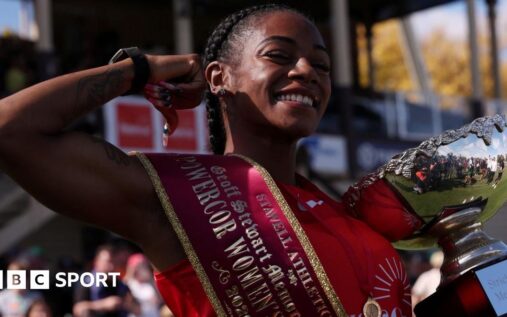 Sha'Carri Richardson sprinting on a grass track to win the Stawell Gift in Australia.