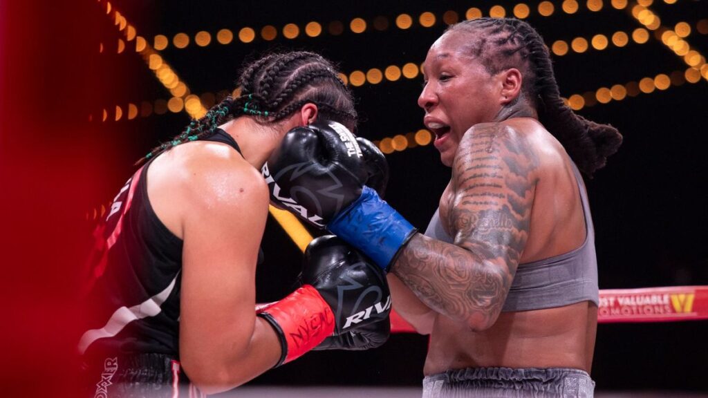 Boxer Shadasia Green preparing to fight in the ring before her super-middleweight championship bout