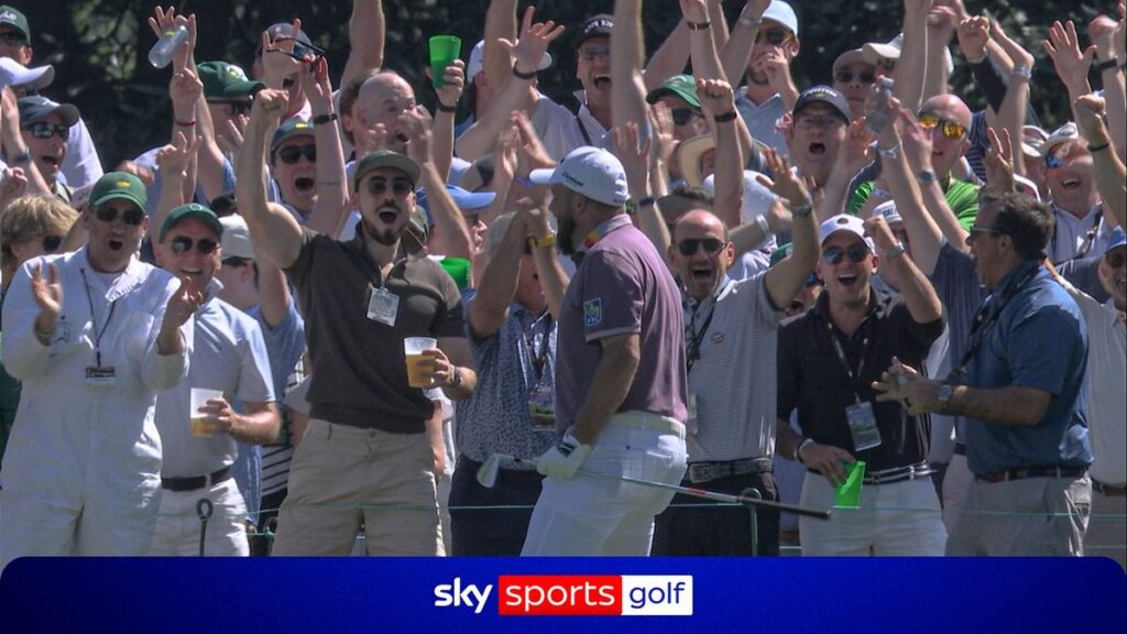 Shane Lowry celebrating his hole-in-one at the sixth hole during the Masters at Augusta National