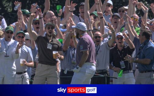 Shane Lowry celebrating his hole-in-one at the sixth hole during the Masters at Augusta National