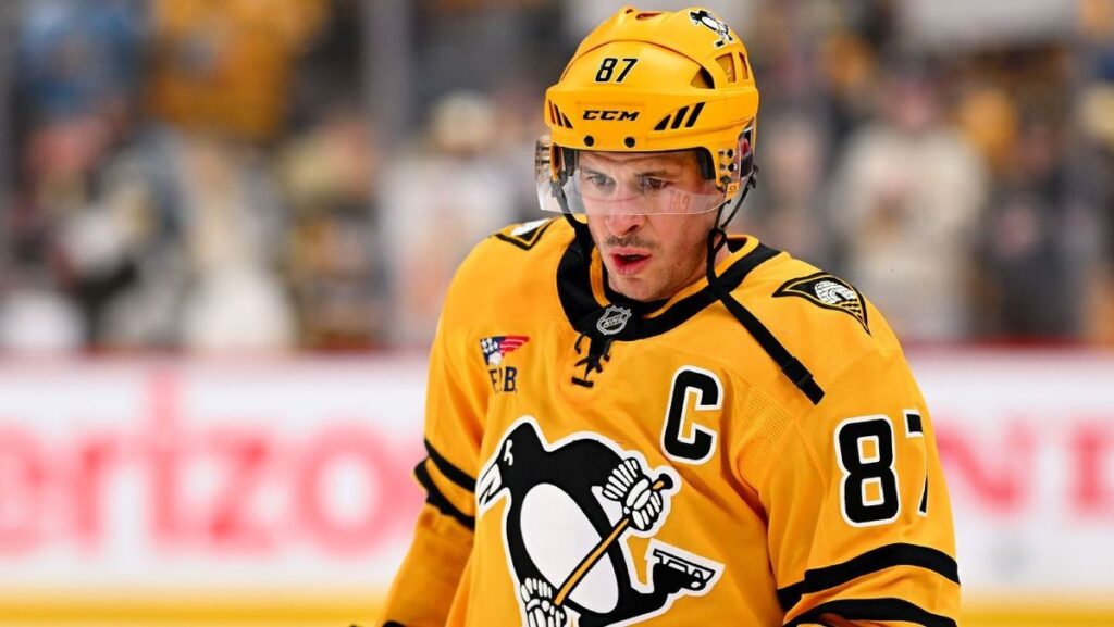 Sidney Crosby of the Pittsburgh Penguins looking focused during an NHL playoff game