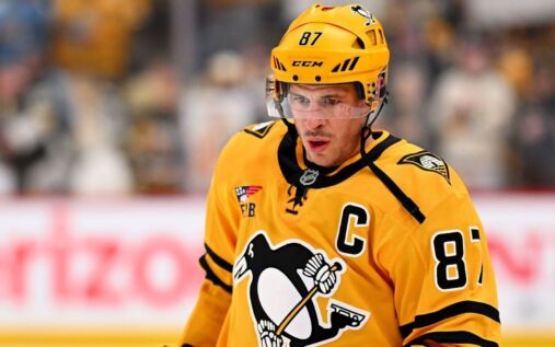 Sidney Crosby of the Pittsburgh Penguins looking focused during an NHL playoff game
