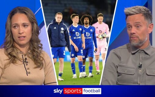 Dejected Leicester City players looking down at the pitch after suffering relegation