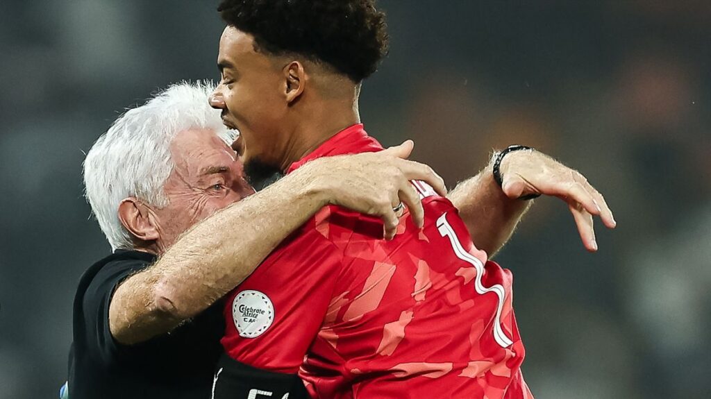 South Africa goalkeeper Ronwen Williams diving to save a penalty kick