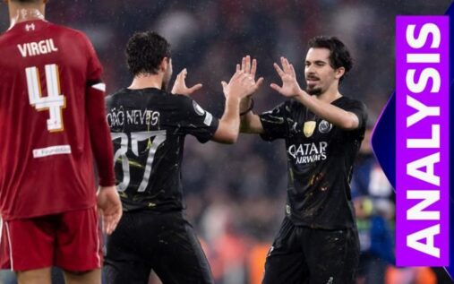 Paris St-Germain midfielders Joao Neves, Vitinha and Warren Zaire-Emery celebrating on the pitch at Anfield