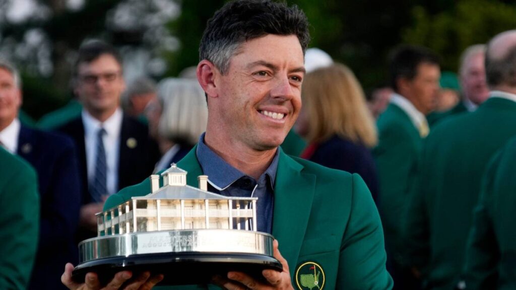 Rory McIlroy playing an approach shot on the fairway at the Masters tournament