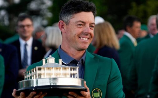 Rory McIlroy playing an approach shot on the fairway at the Masters tournament