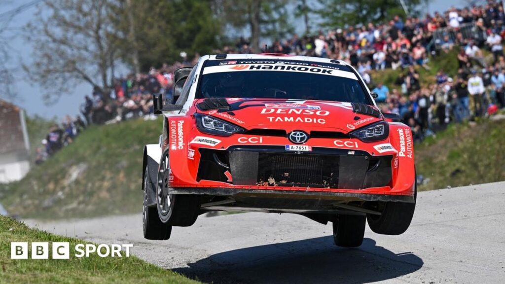 Takamoto Katsuta driving his Toyota rally car during a World Rally Championship stage in Croatia
