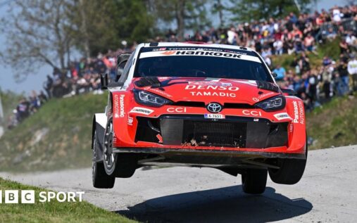 Takamoto Katsuta driving his Toyota rally car during a World Rally Championship stage in Croatia