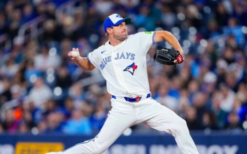 Toronto Blue Jays pitcher Max Scherzer throwing a pitch from the mound