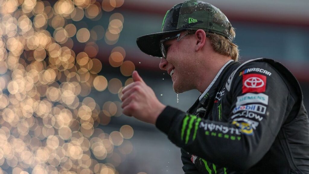 Ty Gibbs celebrating his first NASCAR Cup Series victory in his No. 54 Toyota at Bristol Motor Speedway