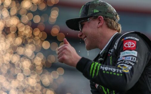 Ty Gibbs celebrating his first NASCAR Cup Series victory in his No. 54 Toyota at Bristol Motor Speedway