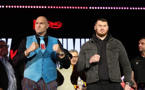 Tyson Fury looking intense during a pre-fight heavyweight boxing press conference