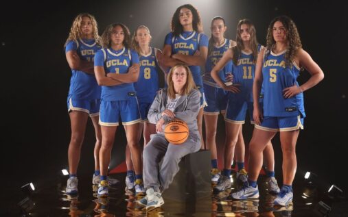 Lauren Betts and UCLA Bruins players celebrating their first NCAA women's basketball championship victory in Phoenix