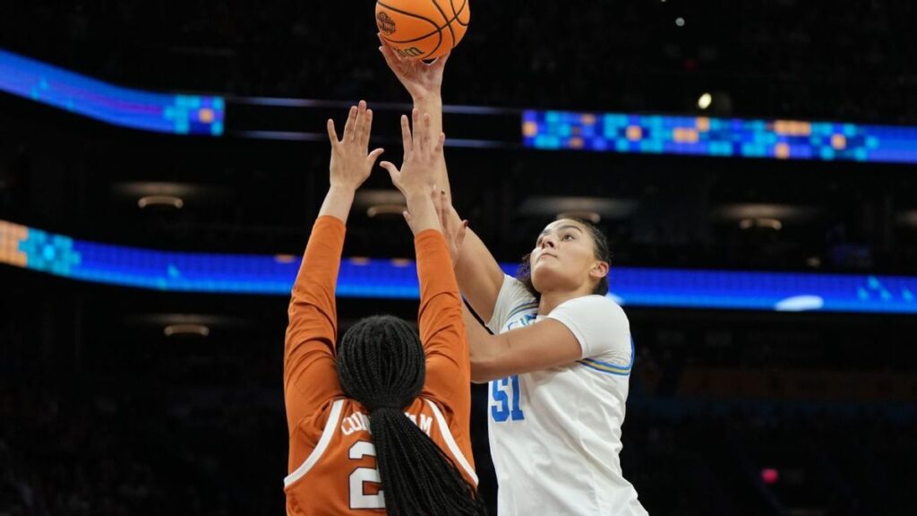 UCLA centre Lauren Betts defending the paint during the NCAA Final Four match against Texas