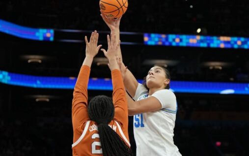 UCLA centre Lauren Betts defending the paint during the NCAA Final Four match against Texas
