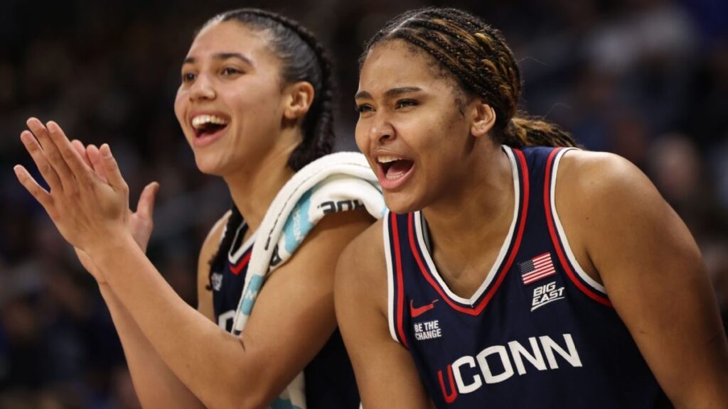 UConn Huskies forward Sarah Strong dribbling the basketball during a Women's NCAA Tournament match