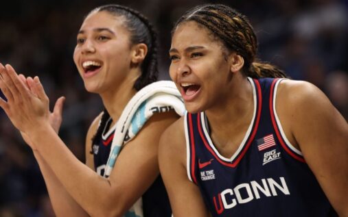 UConn Huskies forward Sarah Strong dribbling the basketball during a Women's NCAA Tournament match