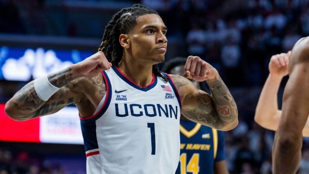UConn Huskies guard Solo Ball dribbling the basketball during an NCAA tournament game