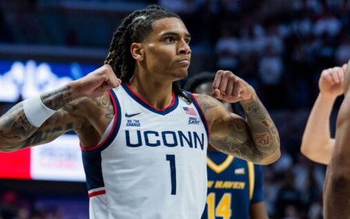 UConn Huskies guard Solo Ball dribbling the basketball during an NCAA tournament game