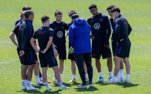 A drone hovering above a football pitch recording a USMNT training session