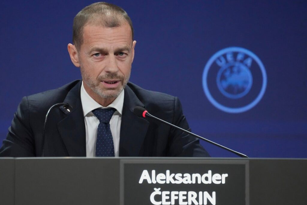 Uefa president Aleksander Ceferin speaking at a press conference