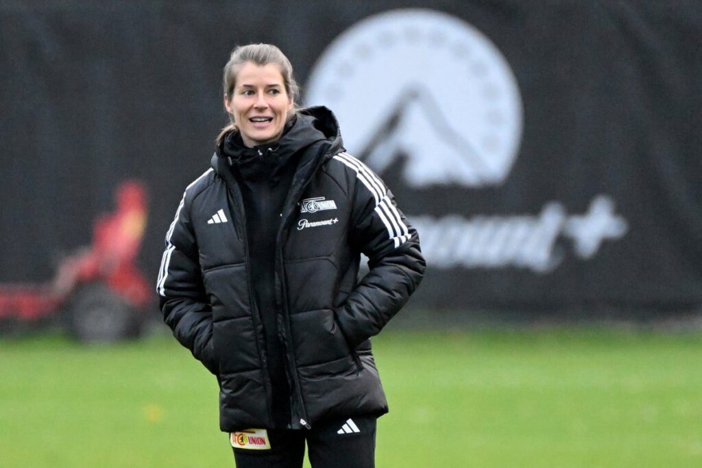 Union Berlin interim head coach Marie-Louise Eta looking on from the touchline during a Bundesliga football match