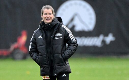 Union Berlin interim head coach Marie-Louise Eta looking on from the touchline during a Bundesliga football match